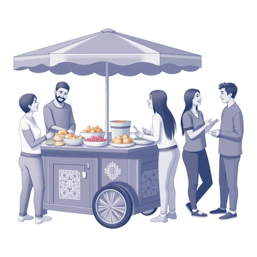 A street food cart is prominently displayed, featuring a colorful awning that provides shade. The cart is stocked with various Indian snacks, including small bowls of spicy samosas and fragrant chaat. The cart is adorned with decorative elements, such as traditional patterns. Several happy customers are standing in line, eagerly waiting to order. They are of diverse backgrounds, smiling and chatting with each other. The scene is lively, capturing the bustling atmosphere of a street food market.