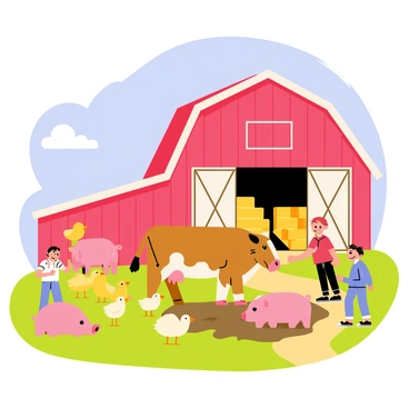 A vibrant barnyard scene featuring children playing joyfully with various farm animals. There are two children, a boy with a red cap and a girl with pigtails, interacting with a friendly brown cow that has white spots. Nearby, a group of fluffy yellow chicks peck at the ground, while a pink piglets rolls in the mud. The barn is a rustic red, with open doors showing hay bales stacked inside. Green grass covers the ground, and a bright blue sky with a few fluffy clouds fills the background.