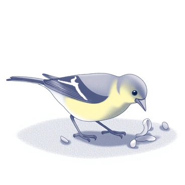 A goldfinch delicately pecking at seeds on the ground