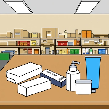 A section of a food bank filled with hygiene kits. Each kit is neatly arranged on a wooden table and includes a bar of white soap, a tube of blue toothpaste, and various toiletries such as a small bottle of shampoo and a travel-sized bottle of conditioner. The soap has a smooth texture, while the toothpaste is in a shiny aluminum tube. The toiletries are packaged in colorful, branded containers. In the background, there are shelves stacked with non-perishable food items, adding to the community atmosphere of the food bank. Bright overhead lights illuminate the area, creating a welcoming environment.