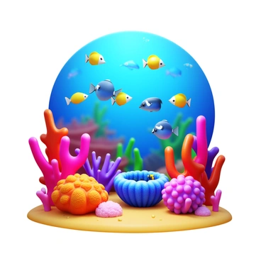 A vibrant underwater scene with various fish and coral formations