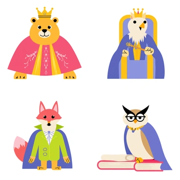 A series of illustrations featuring various animals adorned in regal attire. The first illustration shows a lion wearing a golden crown and a red velvet cape with intricate embroidery. The second illustration depicts a majestic eagle sporting a jeweled tiara and a blue satin robe, perched on a lavish throne. The third illustration showcases an elegant fox dressed in a tailored green coat with a ruffled collar and holding a scepter. The fourth illustration presents a wise owl with spectacles, donning a purple cloak, sitting on a book with a royal scroll beside it. Each animal displays an air of dignity and nobility, set against complementary colorful backgrounds that enhance their regal presence.