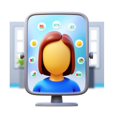A smart mirror with a sleek, modern design reflecting a person's face. The display shows detailed analyzed facial data, including metrics like "happiness," "stress level," and "fatigue." The background behind the mirror is a blurred room with soft lighting, emphasizing the mirror's technology. The facial data is depicted through colorful graphs and icons surrounding the person's reflection.