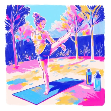 An athlete is performing dynamic stretching exercises in an outdoor training area. The athlete is wearing a fitted tank top and athletic shorts, showcasing a toned physique. They are standing on one leg while extending the other leg forward in a controlled manner. In the background, there are trees and a blue sky, adding a natural environment to the scene. The athlete is focused, and their facial expression shows determination. Nearby, a yoga mat is laid out on the grass, and a water bottle is placed next to it.