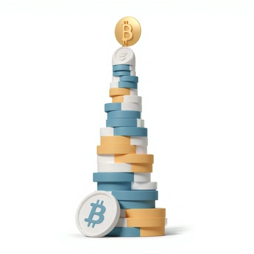 A tall tower, composed of stacked cryptocurrency symbols, rises majestically. The base of the tower features large coins with intricate designs of popular cryptocurrencies such as Bitcoin, Ethereum, and Litecoin, all prominently displayed. As the tower ascends, the symbols become progressively smaller, creating a structured tapering effect. The top of the tower is crowned with a shining gold Bitcoin symbol, reflecting light. The tower stands against a clear blue sky, emphasizing its height and grandeur.