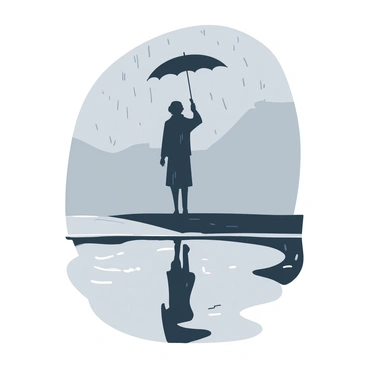 A lone figure stands in a gentle rain, holding a black umbrella that contrasts with the surroundings. The figure's silhouette is visible against the backdrop of a softly lit street. A large puddle forms at their feet, reflecting the shape of the umbrella and the figure in its still water. Raindrops create ripples on the surface of the puddle, enhancing the atmosphere of the scene. The sky above is a muted gray, casting a calm light over the entire setting.