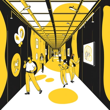 An art exhibit installed within a metro tunnel, displaying various installations. The tunnel is lined with black walls and has white lighting illuminating the artwork. Unique installations with intricate shapes and designs are strategically placed throughout the space. Each installation features geometric forms and patterns that contrast against the dark background. A few visitors are walking through the tunnel, observing the art and taking photographs. The atmosphere is dynamic, with the metallic structure of the tunnel adding an industrial feel to the setting.