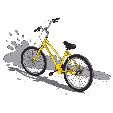 A yellow bicycle with a gleaming frame is skidding sideways on a gray gravel path. The rear wheel is lifted off the ground, kicking up a spray of small gray stones. Dust clouds swirl in the air around the bicycle, capturing the motion of the skid. The handlebars are turned sharply to the left, indicating a sudden maneuver, while the tires leave a distinct track in the gravel. Sunlight filters through the trees nearby, casting dappled shadows onto the path.