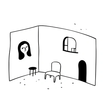 A stark, empty room with plain walls and a bare floor. On one wall, a large, abstract representation of a "sad face" is painted, its lines formed by shadows and shapes. The atmosphere feels heavy, with a sense of solitude emanating from the corners of the room. A single, worn-out chair sits against another wall, emphasizing the emptiness. Scattered on the floor are dust particles that catch the faint light streaming in through a small window, suggesting the passage of time and echoing memories of loneliness.