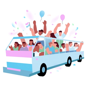 A parade float is adorned with the "transgender pride flag," which has its distinct light blue, pink, and white stripes. On top of the float, a group of people is celebrating, wearing colorful outfits and holding balloons. They are raising their arms in joy and some are waving smaller pride flags. The float is surrounded by a lively crowd, cheering and clapping, and colorful confetti is falling in the air, adding to the festive atmosphere.