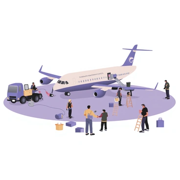 A digital flat illustration depicting a large airplane on the tarmac, with its engines and tail visible. The aircraft is painted in bright blue and white colors. Ground crew members are working around the plane, with one wearing a yellow safety vest and a headset, actively directing the refueling process. A fuel truck with a long hose is positioned on the left side of the aircraft, with a mechanic attaching the hose to the plane's refueling port. Additional ground crew members are standing nearby, discussing and monitoring the operation. Various ground equipment, such as ladders and toolboxes, can be seen scattered around the tarmac, creating a busy airport scene.