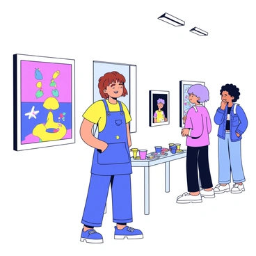 An art student stands beside their artwork at a small gallery opening. The student has short brown hair and wears a blue apron splattered with paint. Their painting, displayed on the wall, features vibrant colors and abstract shapes. The gallery has soft lighting that highlights the artwork. In the background, there are a few visitors admiring the pieces on display. A small table with snacks and drinks is visible to the side. The atmosphere reflects a sense of excitement and appreciation for art.