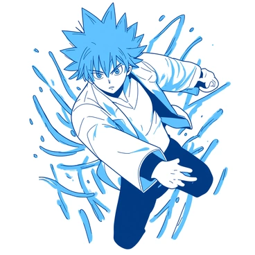 A manga character with spiky blue hair is depicted on an A3 illustration board. The character is in a dynamic pose, with one arm extended forward and the other arm bent at the elbow, showcasing a sense of action. The character is wearing a fitted white jacket with detailed stitching and dark pants. The expression on the character's face is intense, with wide eyes and a determined mouth. The background of the illustration board is filled with bold, dynamic lines accentuating the character’s movement.