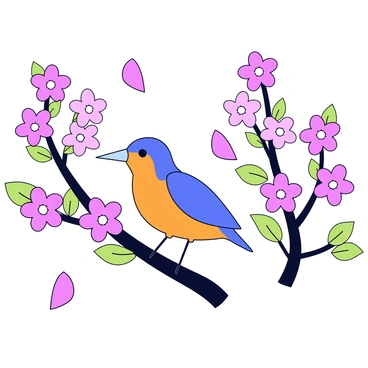 A kingfisher perched on a branch surrounded by cherry blossoms in full bloom. The tree branches are laden with clusters of pink flowers, creating a vibrant contrast with the bird's bright blue and orange feathers. The background features soft green leaves that complement the springtime setting. Delicate petals are gently falling from the branches, adding to the scene's seasonal charm.