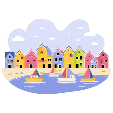 A charming seaside village featuring a row of colorful houses with bright facades and cheerful roofs. Each house has unique patterns and designs, creating a vibrant atmosphere. In the harbor, several boats bob gently on the water, their sails in varying shades of red, blue, and yellow. The scene includes a clear blue sky above, with fluffy white clouds scattered throughout. Seagulls can be seen flying above the boats, adding to the coastal setting. The sandy shoreline is dotted with small rocks and patches of green grass.