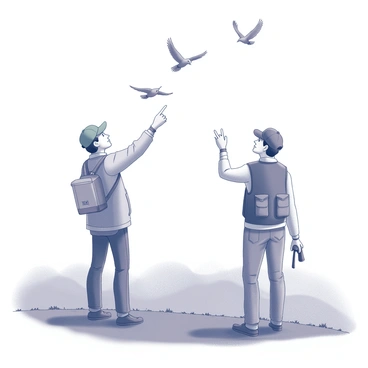 Enthusiastic birdwatchers with binoculars observing a flock of migrating birds