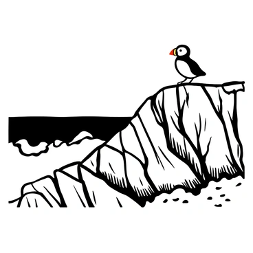 A puffin standing on a rocky cliffside overlooking the sea