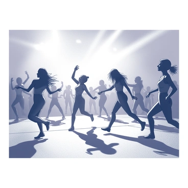 A dance floor filled with energetic dancers in motion. The scene captures multiple figures, each moving to the rhythm, their limbs outstretched. Bright strobe lights flash across the floor, casting dramatic shadows and illuminating the dancers. The interplay of light creates distinct trails and patterns on the ground, highlighting the energy of the environment. The atmosphere is dynamic, with a sense of movement and excitement conveyed through the positioning and expressions of the dancers.