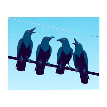 A group of sleek, black ravens with glossy feathers is perched on a telephone wire. Their sharp beaks are slightly open, as if they are engaging in conversation. The ravens are varied in posture, some standing upright, while others are slightly hunched or looking to the side. The background features a clear blue sky, creating a vibrant contrast with the dark silhouettes of the birds. The sunlight shines brightly, highlighting the iridescent quality of their plumage.