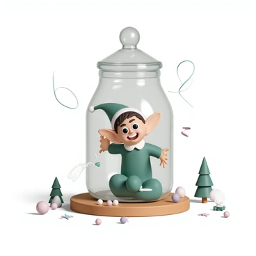 An elf on the shelf, with pointed ears and bright green attire, is sitting inside a clear glass jar with a tight lid. The elf has a mischievous expression, with wide eyes and a little smirk on its face, as it pushes against the sides of the jar, seemingly trying to escape. The jar is placed on a wooden table, and there are faint reflections of light on the glass. Surrounding the jar are scattered holiday-themed decorations, such as tiny ornaments and strands of tinsel, enhancing the festive atmosphere.