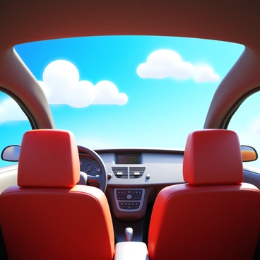 A 3D view from inside a car looking up through an open sunroof. The interior of the car features sleek leather seats and a modern dashboard with various control buttons. Bright sunlight filters through the sunroof, illuminating the interior with warm light. The sky is visible above, displaying fluffy white clouds against a vibrant blue backdrop. The edges of the sunroof are framed by the car's sleek interior design, with reflections of the dashboard and seats visible on the glass surface.