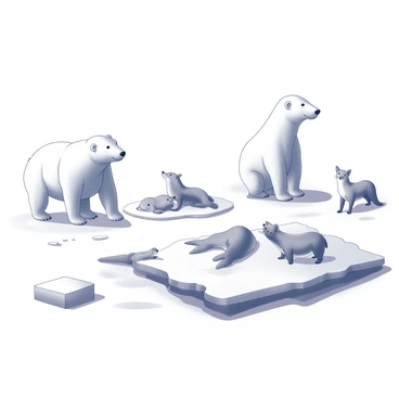 A snowy landscape featuring several arctic animals. In the foreground, a polar bear is standing on its hind legs, looking around. Nearby, a group of seals is lounging on an ice floe, some swimming in the water. In the background, a pair of arctic foxes are playing in the snow, their fur blending in with the icy environment. The scene captures the animals in their natural habitat, surrounded by snow-covered ground and ice formations.