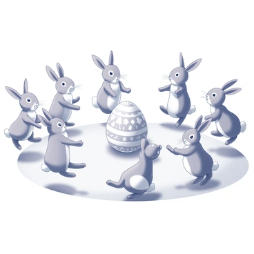 A group of bunnies hopping joyfully in a circle. Each bunny has distinct features, with some having long ears and others with shorter ones. The ground beneath them is uneven, indicating a natural setting. In the center of the circle is a giant decorated egg, adorned with intricate patterns and shapes. The bunnies are in various poses, some with their paws raised, while others have their bodies slightly tilted as they bounce. The atmosphere captures a lively celebration, showcasing an abundance of energy and movement.