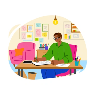 An animator sitting at a wooden desk in a cozy studio, focused on drawing characters for a short animated film. The animator has short brown hair and wears glasses, holding a pencil over a sketchbook filled with character designs. Surrounding the desk are colorful art supplies, including markers and paintbrushes, neatly organized in containers. A warm light bulb hangs overhead, casting a gentle glow throughout the room. On the walls, various sketches and concept art are pinned up, creating a vibrant atmosphere. A soft armchair sits in the corner with a small bookshelf filled with animation books nearby.