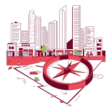 A red compass sits prominently on a white city street map, which displays various streets and landmarks. In the background, towering white skyscrapers rise against the sky, showcasing modern architecture with reflective glass surfaces. The map features colorful icons representing shops and points of interest, adding vibrancy to the scene. People can be seen walking on the street, contributing to the bustling atmosphere. The compass needle points decisively, indicating direction amidst the lively urban environment.