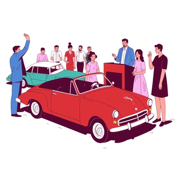 A red vintage car is displayed prominently at the center of an outdoor auction scene. Surrounding the car are several bidders, each exhibiting a range of emotions as they engage in the bidding process. To the left, a man in a blue suit raises his hand enthusiastically, while a woman in a pink dress examines the car closely, her expression curious and thoughtful. In the background, a group of onlookers chat excitedly, with a teal classic car parked alongside the red one. The auctioneer stands at a podium, gesturing animatedly as he encourages the bidders. Bright sunlight casts soft shadows on the ground, adding warmth to the lively atmosphere of the event.
