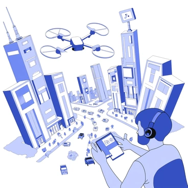 A journalist is operating a drone camera high above a bustling cyberpunk city. The drone is equipped with multiple propellers and a small camera pointed downward, capturing footage of the vibrant city below. Skyscrapers with neon lights and large digital billboards dominate the skyline, while streets filled with pedestrians and futuristic vehicles bustle underneath. Holographic advertisements project above the crowd, showcasing various products and services. The journalist is focused, wearing a headset and observing the live feed from the drone on a portable screen.