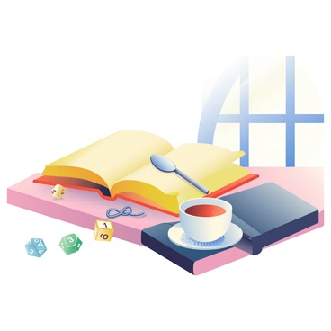 A wooden table is set with a steaming cup of tea next to an open book with yellowed pages and a dark blue cover. The tea is in a delicate white porcelain cup, and a small silver spoon rests beside it. Scattered across the table are several multi-colored dice, some showing numbers facing up. Soft light from a nearby window casts gentle shadows, enhancing the warmth of the cozy atmosphere. A small knitted coaster is placed under the cup, adding texture to the scene.