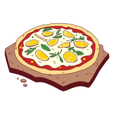 A duotone pizza with a golden crust topped with vibrant yellow yuzu slices, scattered green herbs, and melted white cheese. The pizza is placed on a weathered wooden board, showcasing its rustic texture. The yuzu slices are artfully arranged, creating a refreshing contrast with the herbs and cheese. The board has a few crumbs scattered around, adding to the rustic feel of the presentation.