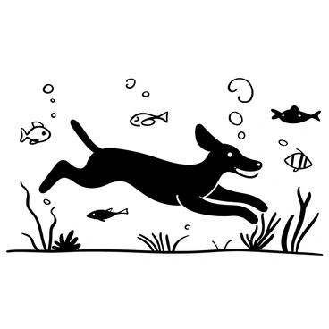 A doberman swimming effortlessly underwater, with its sleek body gliding through the water. The doberman is in a horizontal position, its legs extended behind it, and its ears are pinned back against its head. Around the doberman, various fish are swimming, showcasing different sizes and shapes, some darting quickly while others glide gracefully nearby. Bubbles are rising around the doberman, creating a sense of movement and fluidity in the underwater scene. Sunlight filters down from the surface, casting patterns on the sandy bottom below.