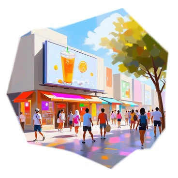 A lively urban scene bustling with activity, featuring a large billboard prominently displaying an illustrated advertisement. The billboard showcases a vibrant image of a refreshing drink, complete with droplets of condensation, enticing viewers. In the foreground, people of diverse backgrounds walk by, some stopping to glance at the advertisement. Colorful storefronts line the street, and trees provide a touch of greenery amidst the concrete. The sky above is clear, reflecting the energy of the urban environment.