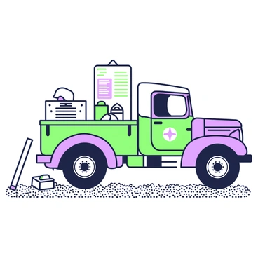 A vintage military truck is parked prominently in a display area. The truck features a rugged design with a canvas top and military insignia on its sides. Surrounding the truck, there are several historical artifacts including an old-fashioned helmet resting on the hood, a wooden crate marked with faded stencils, and metal containers placed nearby. The ground is made of gravel, and there are posters with historical information leaning against the truck, providing context to the display.