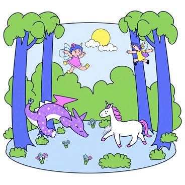 A dense forest with tall, slender trees and thick green foliage. Sunlight filters through the leaves, casting dappled shadows on the forest floor. In the scene, a small dragon with shimmering scales performs a shoulder roll, its wings tucked tightly against its body. Nearby, a unicorn with a spiraling horn can be seen playfully executing a shoulder roll as well. A fairy with translucent wings flutters above, giggling at her friends as they play. The ground is covered in soft moss and colorful wildflowers, enhancing the magical atmosphere of the mystical forest.