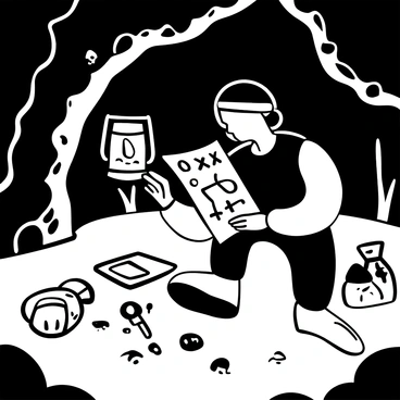 An explorer dressed in rugged outdoor gear is crouched on the ground, holding an ancient map in one hand and a flickering lantern in the other. The cave is dimly lit, with shadows dancing on the rugged stone walls adorned with mysterious carvings. Nearby, several scattered artifacts, such as old tools and remnants of pottery, lie on the rocky surface. The explorer is intently focused on the map, which features intricate symbols and markings. A sense of adventure and discovery fills the air in this subterranean environment.
