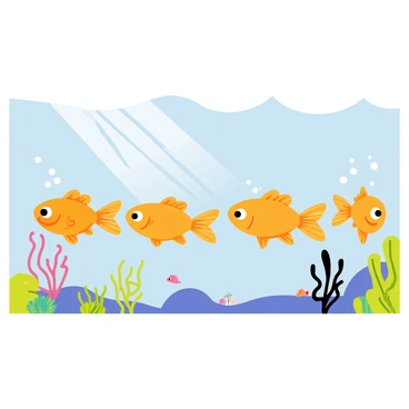 A line of orange goldfish swimming in a horizontal formation underwater. Each goldfish has large, round eyes and flowing, translucent fins. Bubbles rise around them as they move playfully through the water. Colorful coral formations and green seaweed create a vibrant background, adding to the lively atmosphere of the underwater parade. Small, colorful sea creatures peek out from behind the corals, observing the spectacle. Light rays penetrate the water's surface, illuminating the scene.