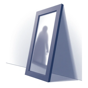 A dark mirror stands against a bare wall in an empty room. The mirror's surface is smooth, with a slightly distorted reflection revealing a shadowy, phantom figure. The figure appears indistinct and ethereal, set within the frame of the mirror. The room has no furniture, emphasizing its emptiness, and the atmosphere feels tense as if something unseen lingers in the space. Soft shadows cast by the dim light create an eerie mood throughout the scene.