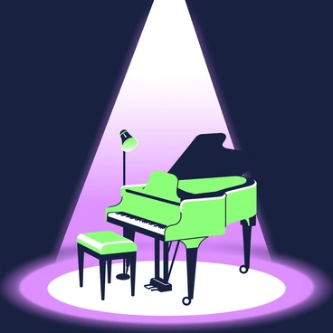 A stage with a dark background is illuminated by a single spotlight. In the center of the spotlight, there is a shiny grand piano, polished to a high gloss, reflecting the light. Next to the piano, a tall microphone stands on a stand, its surface catching the glow. A stool is placed beside the piano, appearing inviting with its smooth edges. The areas outside the spotlight remain in shadow, creating a stark contrast with the illuminated objects, enhancing the overall dramatic effect of the scene.