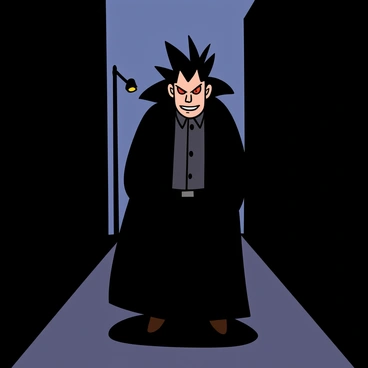 A sinister-looking anime villain with spiky black hair and sharp features is standing in a dark alley. He has glowing red eyes and a mischievous smirk on his face. He is wearing a long black coat that billows slightly in the wind, revealing a dark shirt and pants underneath. The alley is dimly lit, with shadows cast by tall buildings on either side, creating an ominous atmosphere. A single flickering streetlight illuminates the villain's grim expression and emphasizes his confident stance.