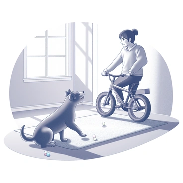 A playful dog with a wagging tail is sitting on a soft rug indoors. The dog has a shiny coat and bright, attentive eyes, focused intently on its owner. The owner is riding a bicycle, navigating carefully around the room. There are scattered toys on the floor, adding to the lively atmosphere. Sunlight streams through a window, casting soft shadows and enhancing the warmth of the scene. The owner wears a casual outfit, engaged in the activity while the dog watches with curiosity and excitement.