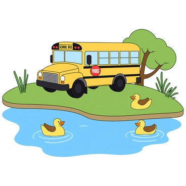 A small yellow school bus parked on a grassy area beside a clear blue lake. The bus has large windows and a "SCHOOL BUS" sign on its front. Nearby, there are several ducks swimming in the lake, creating gentle ripples on the water's surface. The ducks have bright yellow and brown feathers, and two of them are quacking softly while paddling together. A few green reeds are growing along the lake's edge, framing the scene. In the background, there are shades of trees with green leaves, providing a natural setting around the bus.