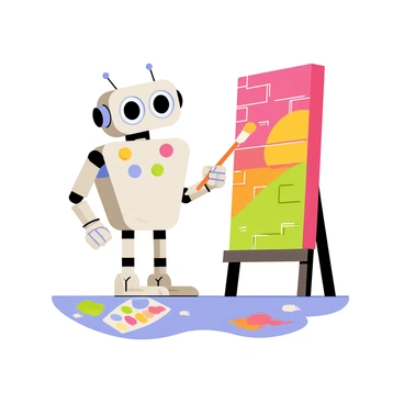 A cute cartoon robot with a shiny silver body is standing upright. The robot has large expressive eyes and colorful buttons on its chest. It is holding a large paintbrush in one hand. The robot is painting a vibrant street mural on a brick wall, which features a colorful sunset with pink, orange, and purple hues. There are splatters of paint on the ground and a palette with various colors next to the robot. The scene is filled with a sense of creativity and joy.