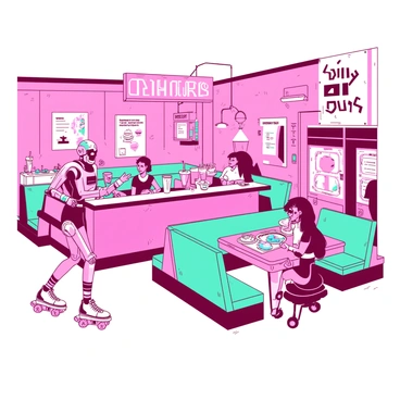 A pink retro-style diner with shiny chrome details features robotic servers on roller skates delivering food. The diner's interior is filled with teal booths, each occupied by patrons enjoying futuristic meals that include glowing blue drinks and multi-layered dishes with vibrant colors. The walls are adorned with vintage posters, and a neon sign reading "Open 24 Hours" hangs above the counter where a robotic bartender is mixing drinks. Bright overhead lights illuminate the lively atmosphere as patrons engage in animated conversations.