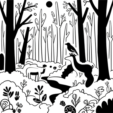 A dense forest filled with an array of different trees, their trunks thick and textured. There are several types of plants growing on the forest floor, including ferns and wildflowers. In the foreground, a deer stands beside a small stream, while a rabbit can be seen nearby among the underbrush. Birds perch on the branches above, and a squirrel is climbing a tree. Sunlight filters through the leaves, casting intricate shadows on the ground.