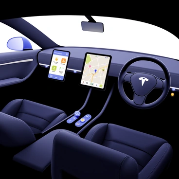 A car interior featuring a sleek dashboard with a prominent touchscreen display. The screen shows a digital map with bright colors indicating the navigation route. There are buttons and knobs for various high-tech controls, illuminated with blue backlighting. A virtual assistant interface appears on the display, with a friendly animated character. The seats are made of black leather, and there are ambient lights casting a soft glow throughout the cabin. The steering wheel has integrated controls for audio and call functions.