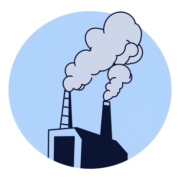 A creature shaped entirely from swirling gray smoke is rising from the top of a factory chimney. The smoky figure has an amorphous and fluid form, with tendrils of vapor extending and curling outward. The factory is a tall, industrial structure with a dark brick exterior, featuring one prominent chimney emitting the smoke. The background shows a clear blue sky contrasting with the gray smoke, emphasizing the creature's ethereal presence.