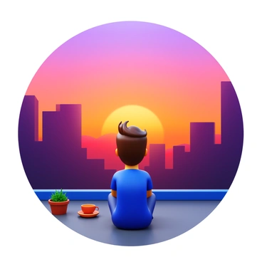 A person sitting on a rooftop, looking out towards the horizon. The individual has a contemplative expression, with their arms resting on their knees. The sky is painted with vibrant hues of orange, pink, and purple as the sun sets. Silhouettes of nearby buildings frame the background, contrasting with the colorful sky. A gentle breeze moves through, causing the person's hair to slightly flutter. A small cup of tea is placed beside them, and the rooftop has a few scattered potted plants.